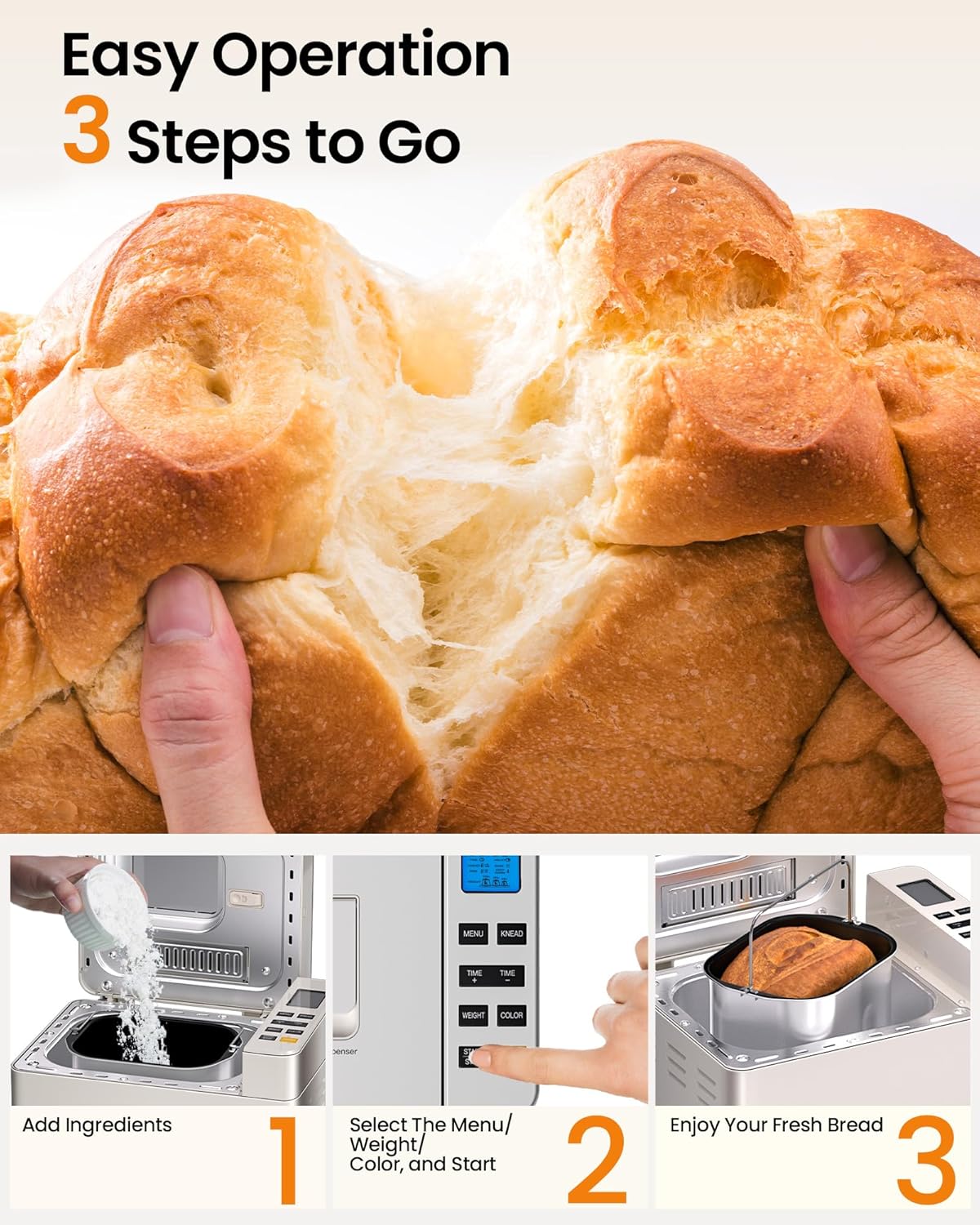 25-in-1 Bread Maker Machine with Automatic Dual Dispenser, 2LB Stainless Steel Breadmaker with Gluten-Free, Dough, Jam, Yogurt etc Settings, Beige