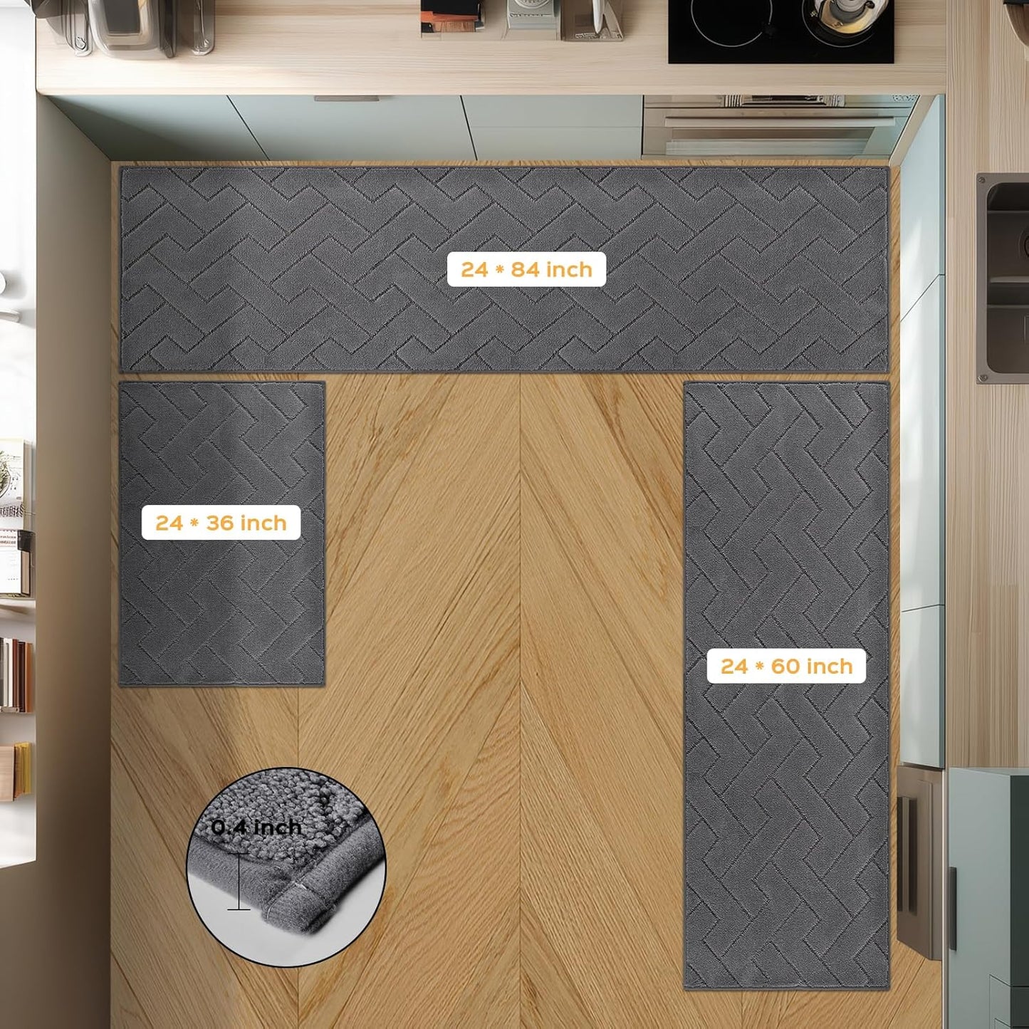 Machine Washable Kitchen Rugs 24" x 84", Non-Slip Kitchen Runner Rugs Mats for Floor, Absorbent Comfort Standing Mats for Kitchen, Sink, Laundry and Hallway, Rolled Packaging, Grey