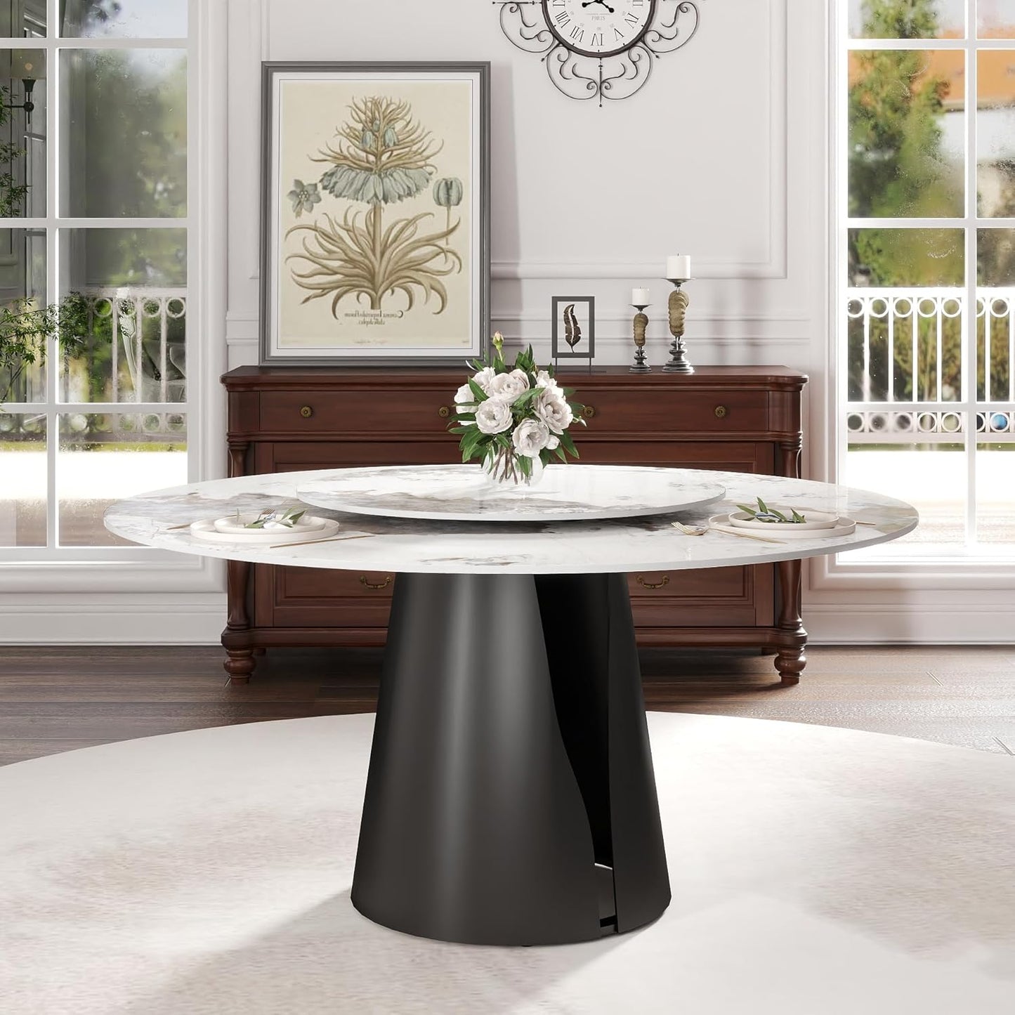 Montary 59" Modern Artificial Marble Round Dining Table with Black Carbon Steel Base & 31.5" White Sintered Stone Turntable, Dining Room Table with Lazy Susan for 6-8 (Only Table)