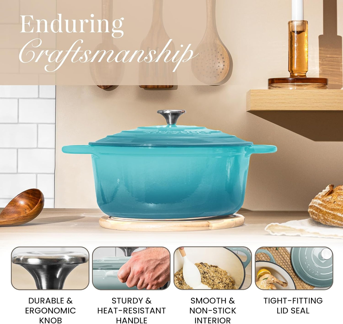 Nuovva Enamelled Cast Iron Dutch Oven Pot with Lid – 6.4 Quart Non Stick Casserole Pot – Heavy Duty & Oven Safe up to 500° F for Bread Baking, Braising, Stews, Roasting – 28cm Teal
