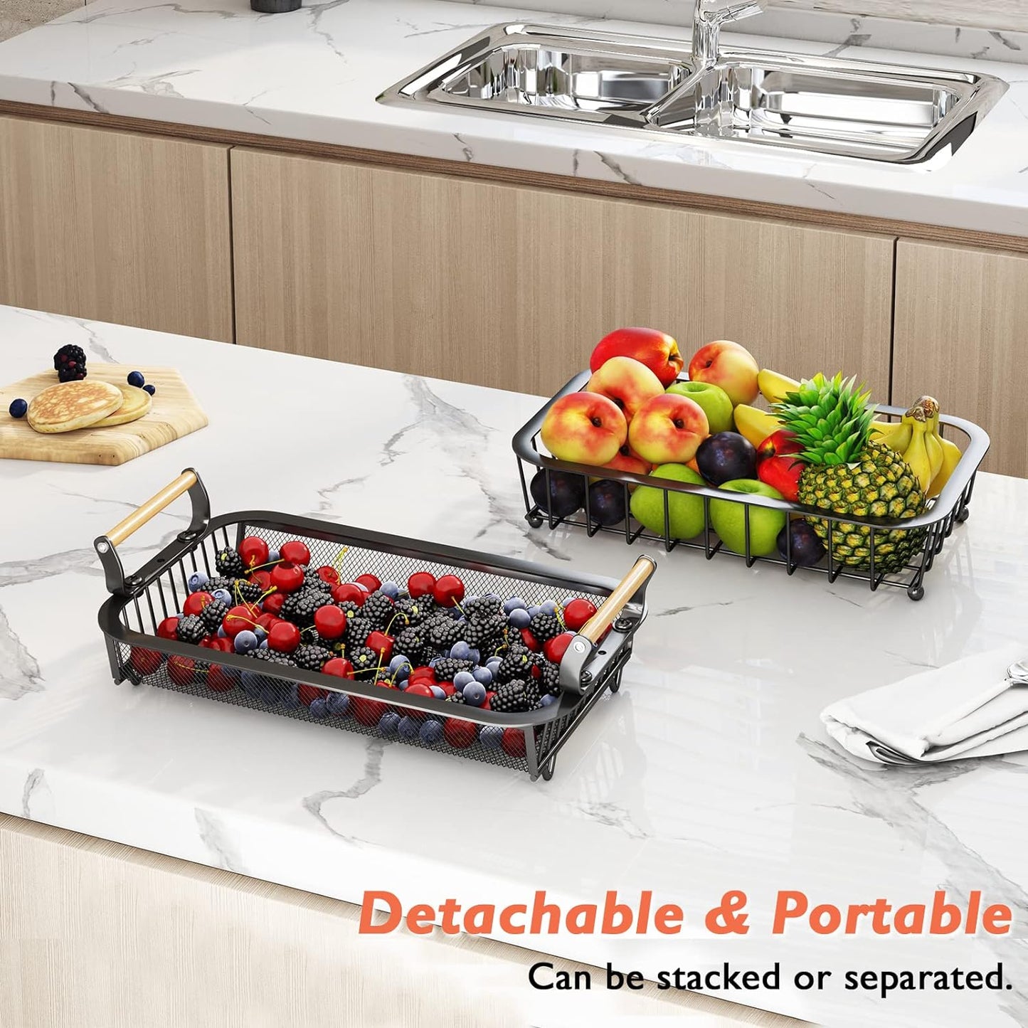 ANTOPY 2 Tier Fruit Basket with 2 Banana Hangers, Countertop Fruit Vegetable Basket Bowl for Kitchen Counter Metal Mesh Basket Fruits Stand Produce Holder Organizer for Onion Potato Bread Snack Veggie