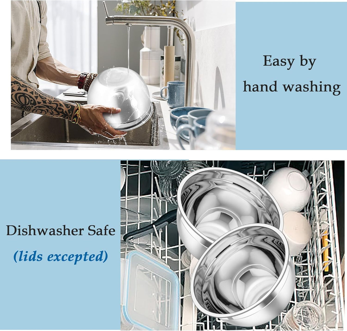 TeamFar Mixing Bowls, Stainless Steel Nesting Salad Bowls with Lids Set of 3 & 3 Grater Attachments, For Mixing/Serving/Storing, Non-toxic & Long-lasting, Size 4.6/3 / 1.5 QT, Black