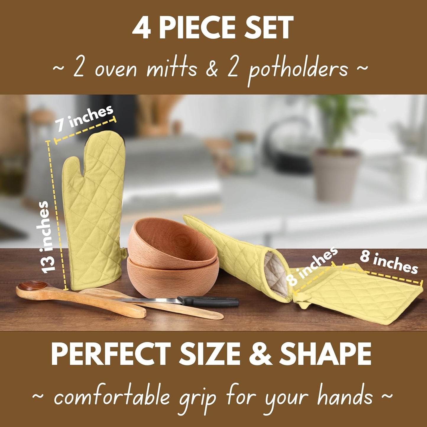 Native Fab 4 Piece Set - 2 Oven Mitts & 2 Potholders, Heat Resistant, 100% Cotton, Quilted Design, Non-Slip Grip, Machine Washable, Ideal for Baking, Cooking, BBQ, Kitchen Protection - Pale Yellow