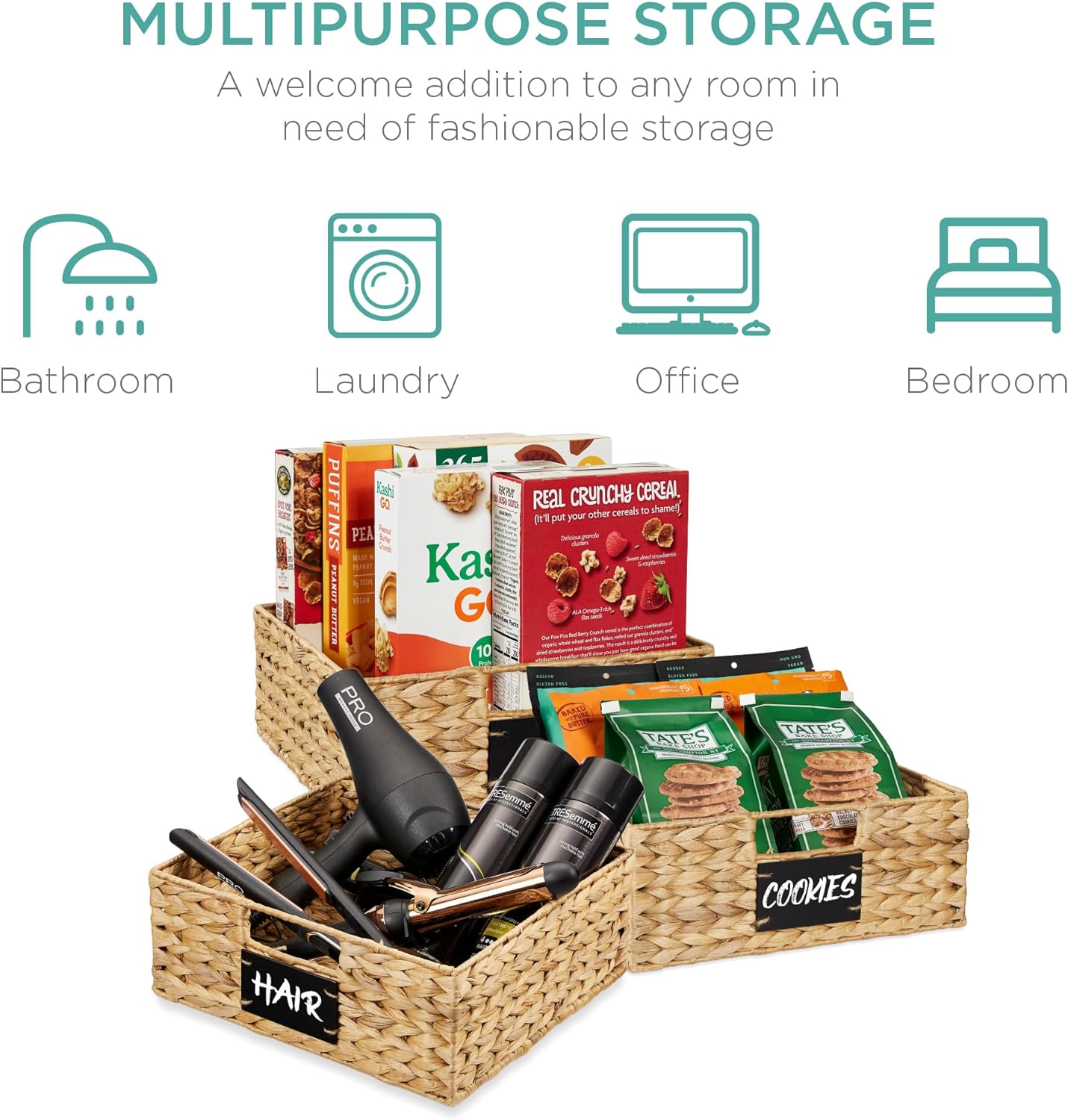 Best Choice Products Set of 4 13x12in Water Hyacinth Pantry Baskets, Woven Organizers w/Chalkboard Label, Chalk Marker - Natural