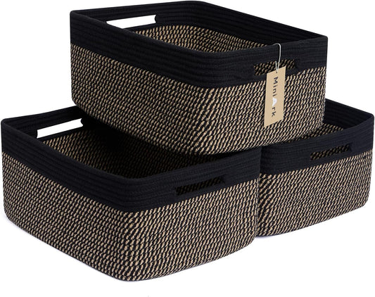 Large Storage Baskets for Shelves, Closet Organizers Bins for Clothes Blanket Towels, Baby Nursery, Toy Baskets Box, Woven Rope Baskets, 17 x 13 x 7.5”, 3 Packs Woven Brown
