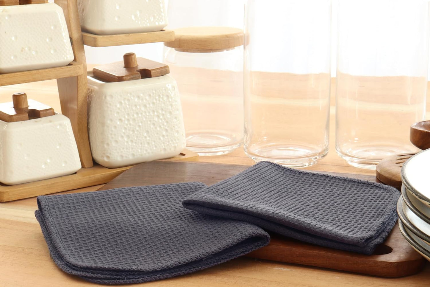 PurpleEssences Dish Cloths and Dish Rags - 6 Pack Waffle Weave Solid Kitchen Dish Wash Cloths, 100% Cotton, 12 x 12 Inches, Ultra Soft Absorbent Quick Drying - Spring Summer - Dark Grey