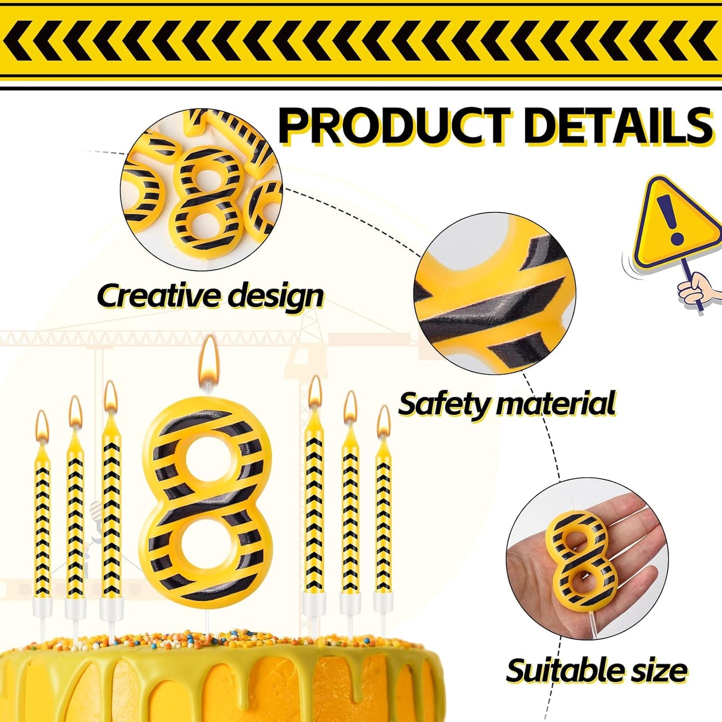 13 Pcs Construction Themed Birthday Candles Set Yellow and Black Number 8 Candle Cake Topper for Construction Party Decoration Supplies (Number 8)