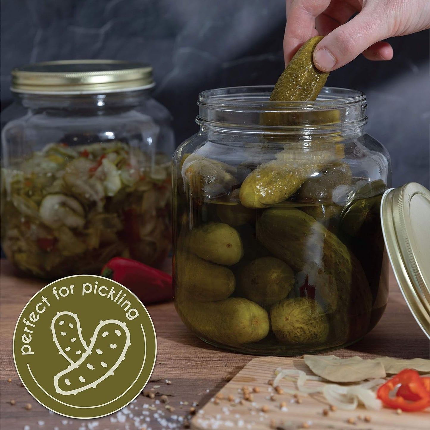 kitchentoolz Half Gallon Mason Jar Wide Mouth with Airtight Metal Lid - Safe for Fermenting Kombucha Kefir - Curing Pickling, Storing and Canning - BPA-Free Dishwasher Safe (Gold Lid, 4)