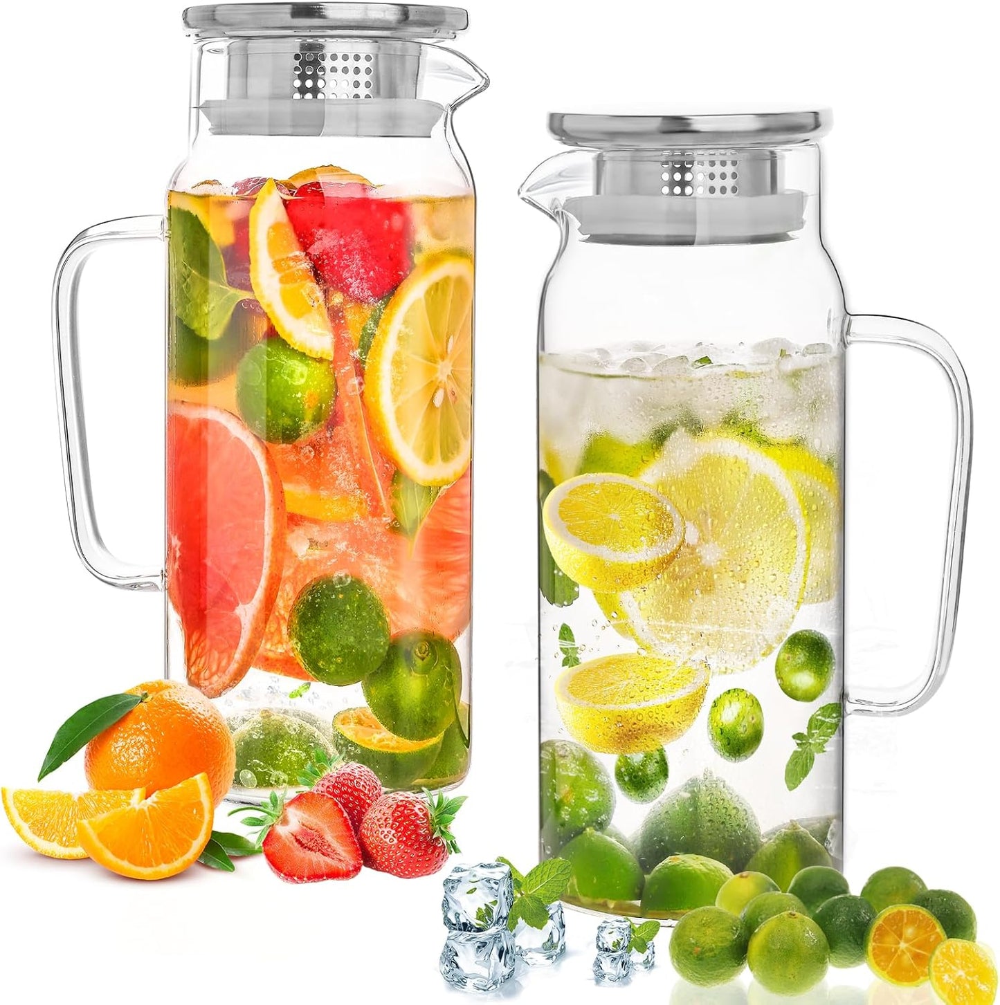 Set of 2 Glass Pitcher with Lid,2 Quart (64 oz / 1.9 Liter) Leak Proof,Glass Water Jugs, BPA-Free,Microwave & Dishwasher Safe Pitcher,Sun & Iced Tea, Sangria,Cold Brew Coffee & More