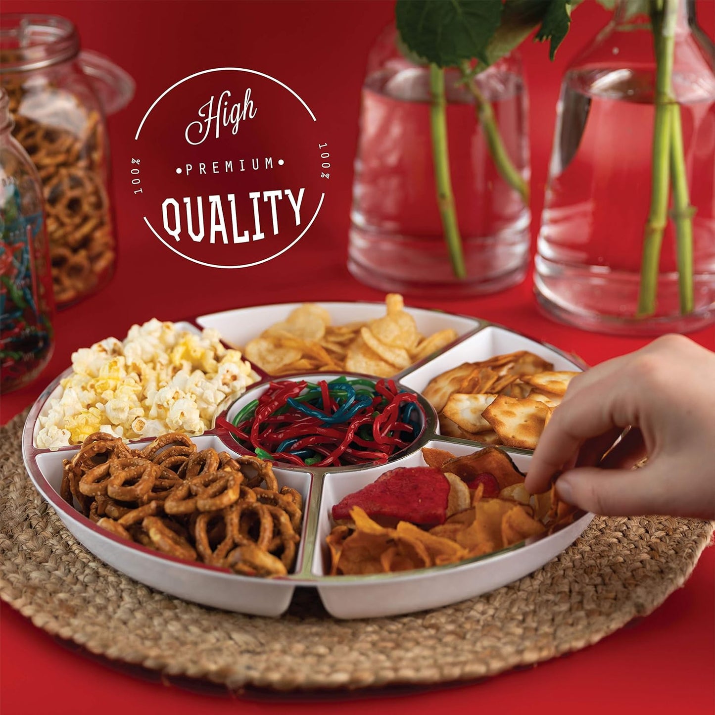 Plasticpro 6 Sectional Round Plastic Serving Tray/Platters White & Silver Pack of 8