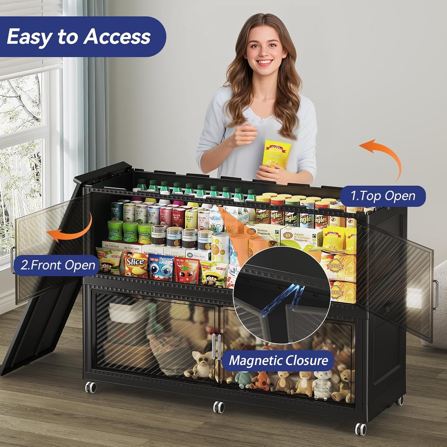 150GAL Extra Large Storage Bins with Lid, 600QT Plastic Stackable Storage Bins with 6x Wheels, Collapsible Closet Organizer and Storage Drawer Cabinet for Living Room Office Dorm, 3Pack Black