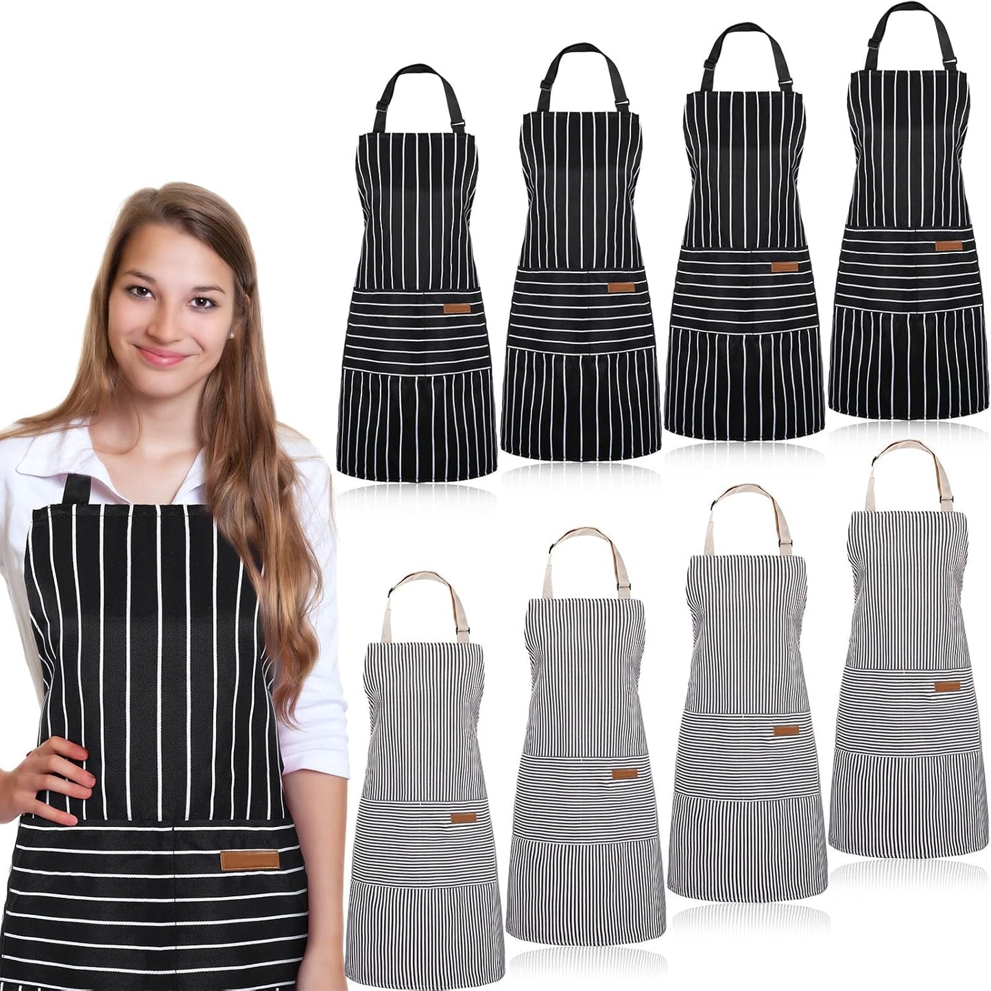 JaGely 8 Pcs Kitchen Cooking Aprons Adjustable Bib Aprons Chef Apron Kitchen Apron with Pockets for Women and Men, Chef, Kitchen, BBQ, Garden, Baking