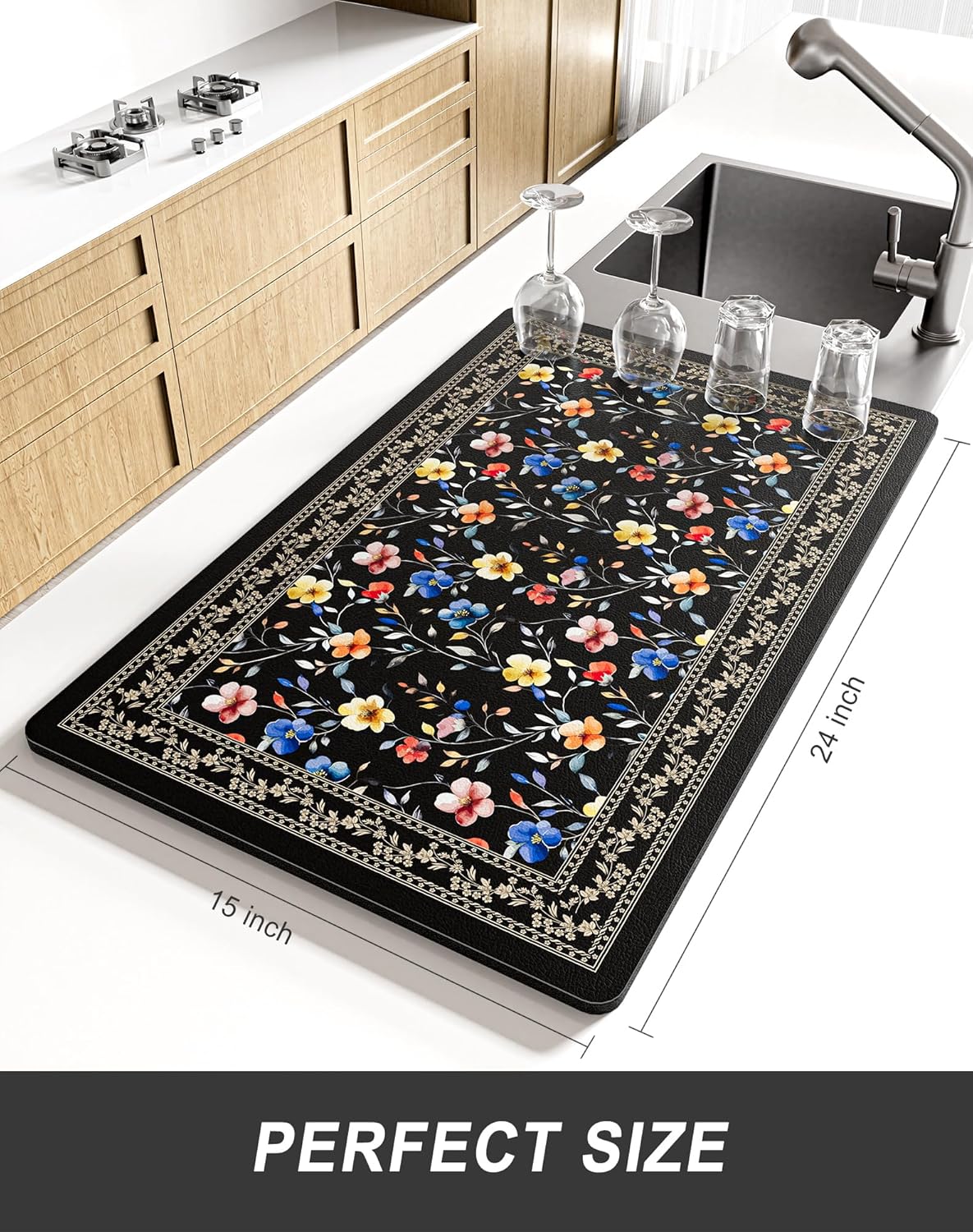 Rnivvi Dish Drying Mat for Kitchen Counter, XL 15 x 24" Cute Flower Theme Super Absorbent Drainer Pad, Non-Slip Heat Resistant Coffee Bar Mat for Coffee Machine Station Accessories,Retro Dish Rack Pad