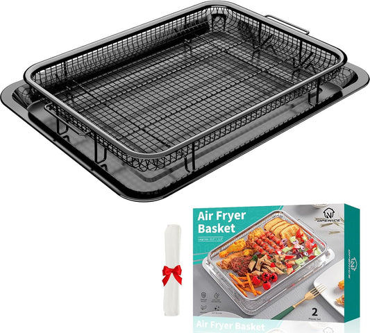 Air Fryer Basket for Oven, OPENICE 15.6" x 11.6" Air Fryer Tray and Pan Set with 30PCS Parchment Papers, Stainless Steel Oven Air Fryer Basket and Tray for Baking Grilling - Black