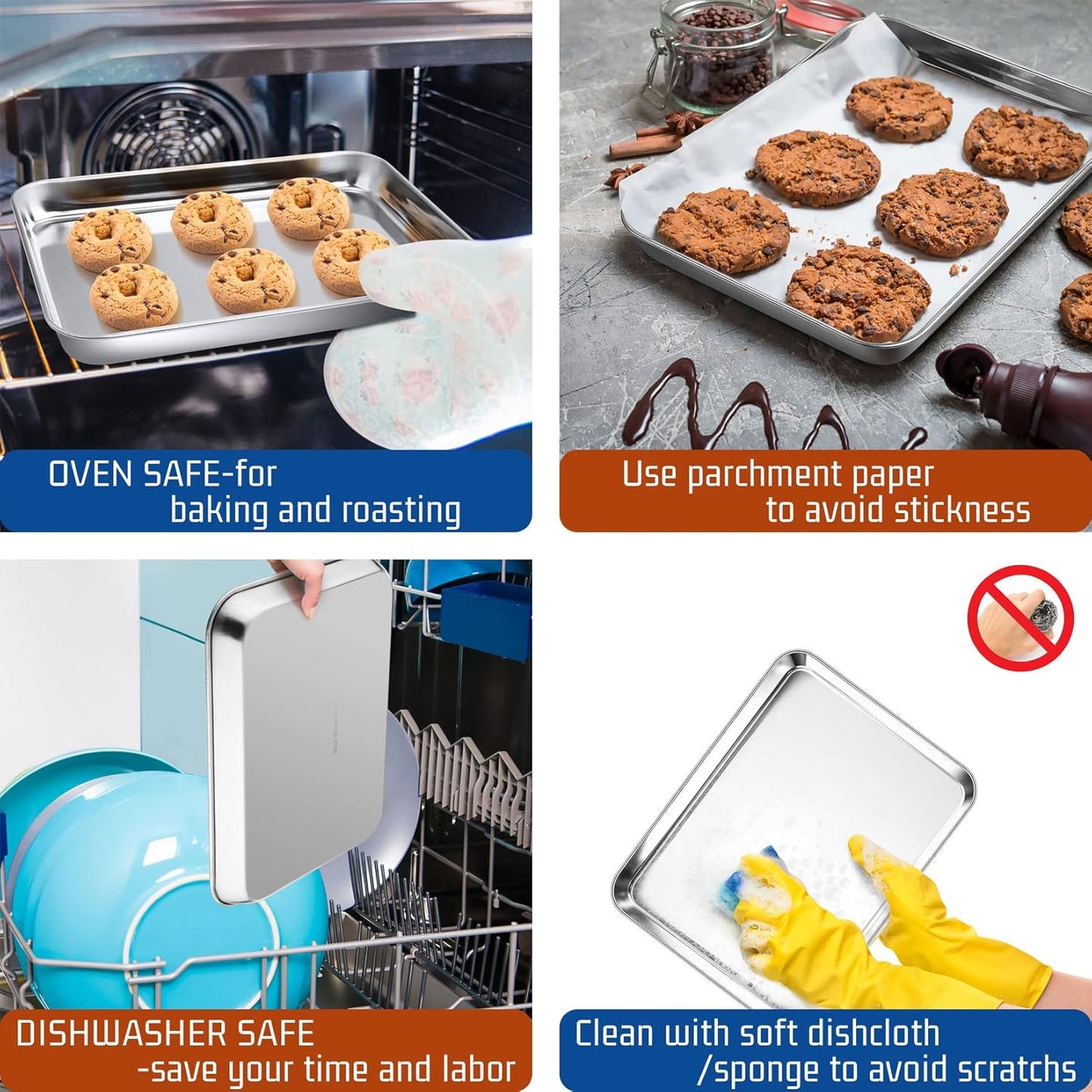 P&P CHEF 10.5 Inch Baking Cookie Sheet, Oven Pan Tray Stainless Steel Sheet Pan for Kitchen, Oven Bakeware for Multi Uses, Shiny Look & Dishwasher Safe, Healthy & Heavy Duty, 4Pcs