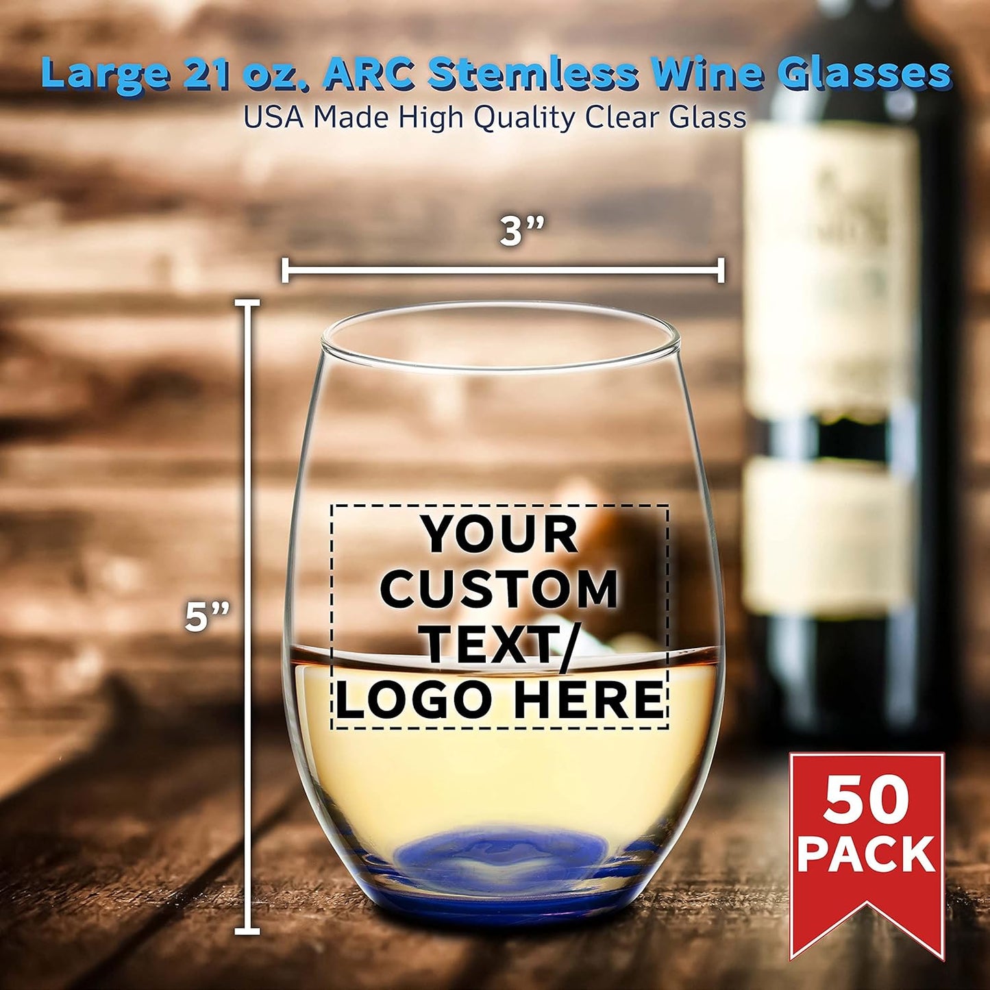 DISCOUNT PROMOS 50 ARC Stemless Wine Glasses Set, 21 oz. - Customizable Text, Logo - Chardonnay, Cabernet, Merlot, Sauvignon - Blue
