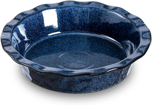 vicrays Ceramic Pie Pan for Baking - 9 inch Pie Plate, Round, Fluted and Deep Pie Dish for Tart, Pizza, Apple Pie, Quiche, Pot Pies, Cake - Reactive Glaze (Starry Blue)