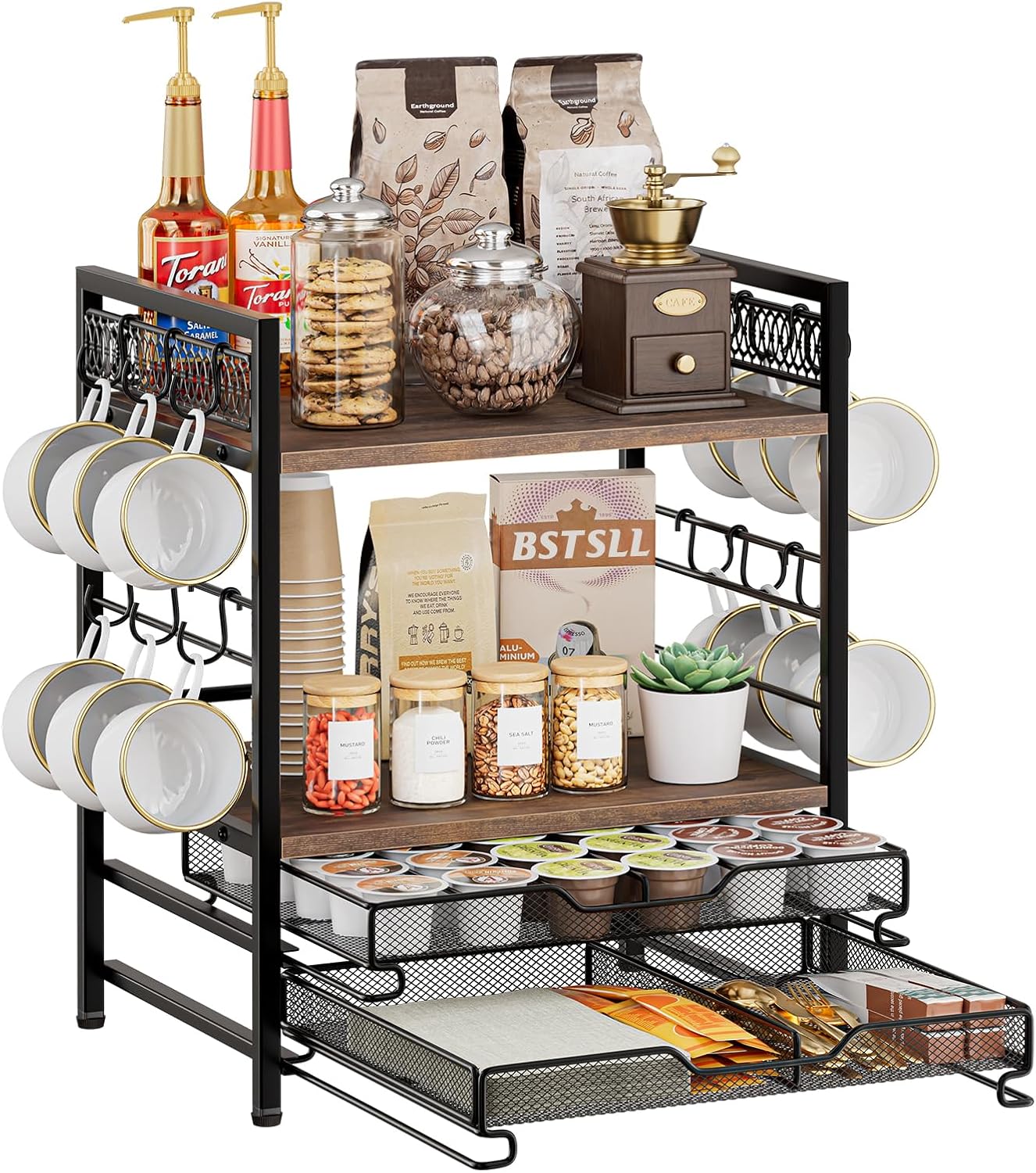 Coffee Bar Organizer, 4 Tier Coffee Station Organizer for Countertop, 30 K Cup Pod Drawer, Mug Cup Holder Stand with 12 Hooks, Multifunctional K Pods Shelf Storage Holder Drawer