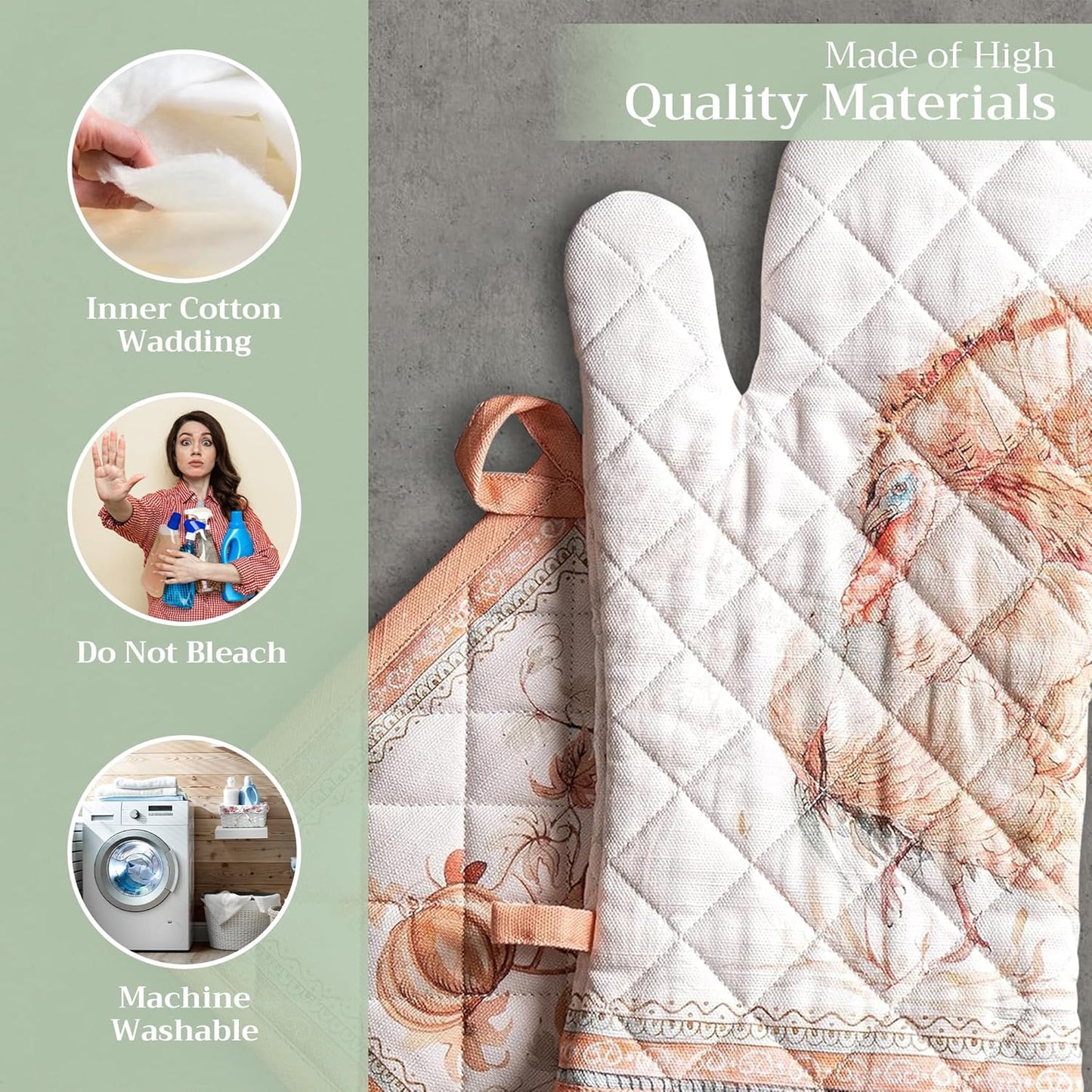 Maison d' Hermine 100% Cotton Oven Mitt & Pot Holder Set (7.5"x13" & 8"x8") Heat Resistant BBQ Cooking Gloves with Loop, Baking, Grilling, Kitchen, Handling Hot Pans (Giving Thanks)