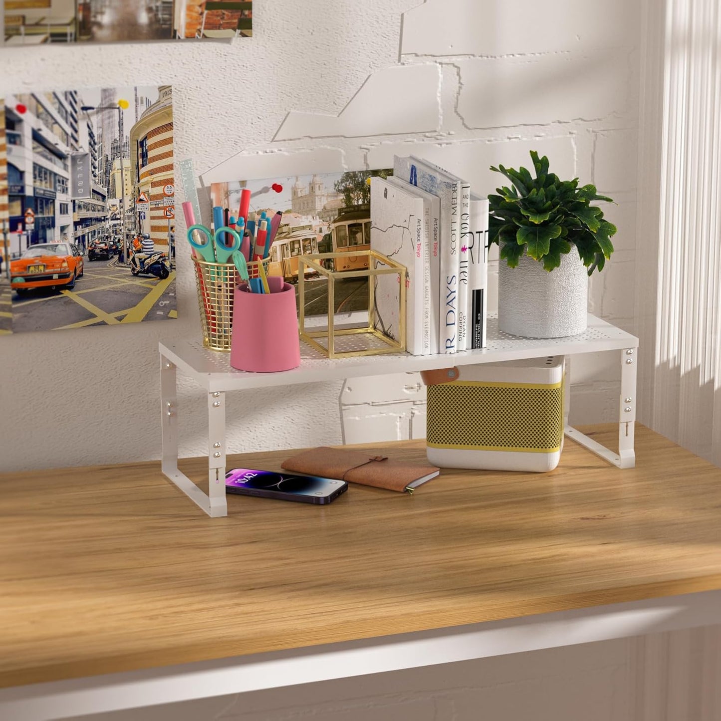 Heavy-Duty Adjustable Metal Shelf Organizer - Expandable & Stackable Pantry Storage Rack for Kitchen, Bathroom, RV, Cabinets(1 Pack/White, Medium)