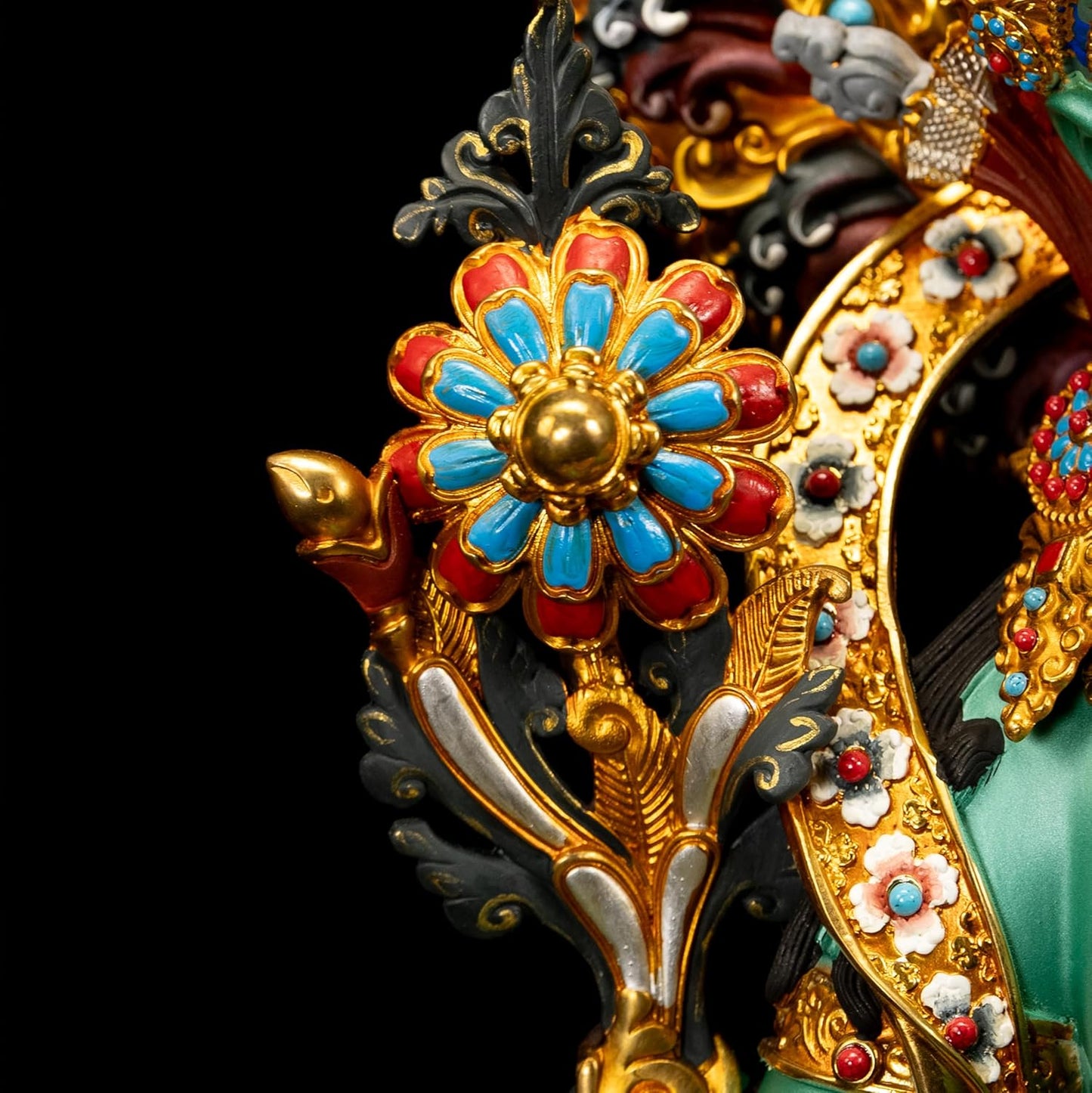 Handmade Copper Buddha Statue Indoor, Green Tara Buda Sculpture for Home Decor, Hand-Painted Colored Buddhist Budda,14.17"