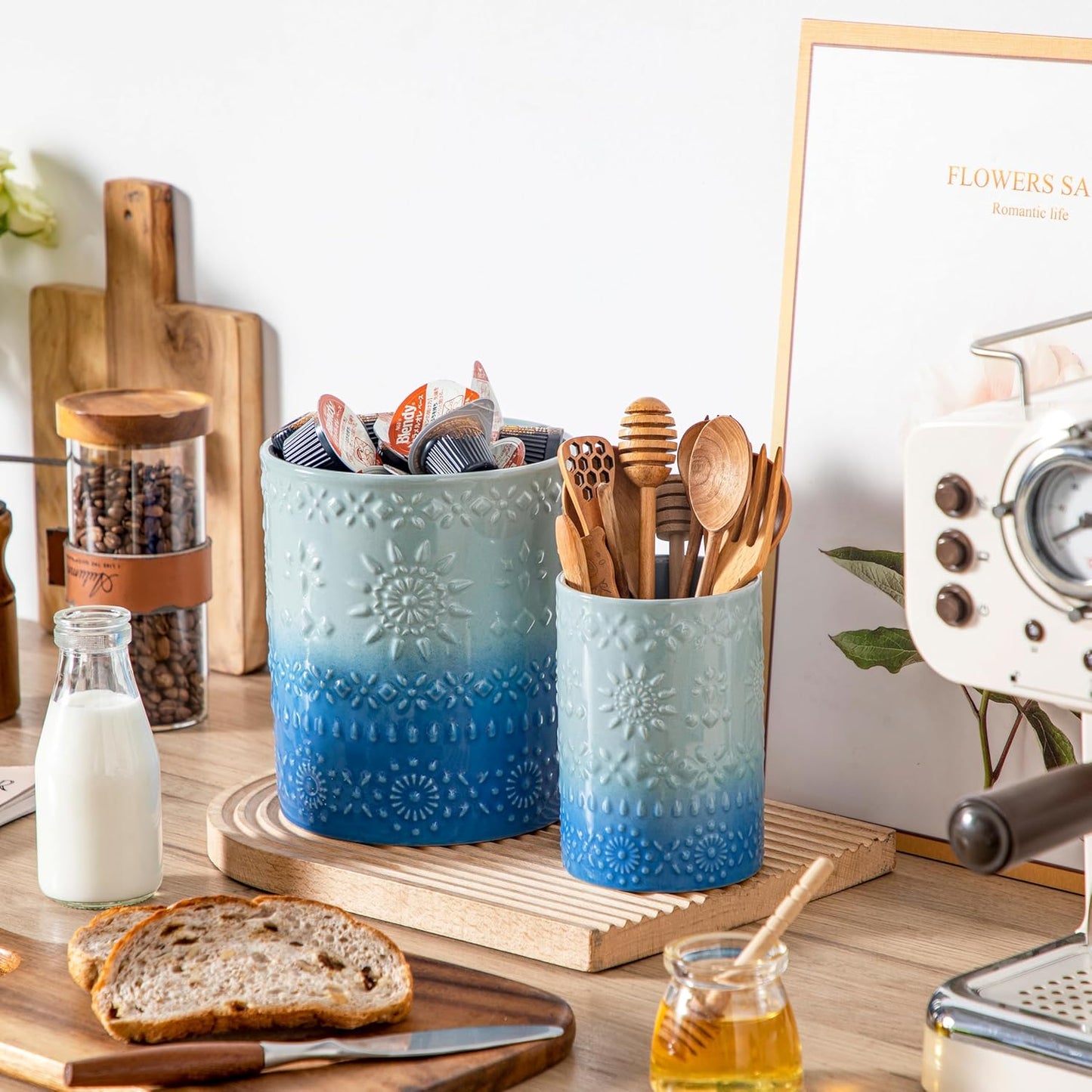 LOVECASA Utensil Holder, 7.2"+5.4" Ceramic Utensil Holder for Countertop, Large Cooking Utensil Crocks for Kitchen Counter, Farmhouse Utensil Vase for Housewarming, Kitchen Decor, Set of 2, Oceans