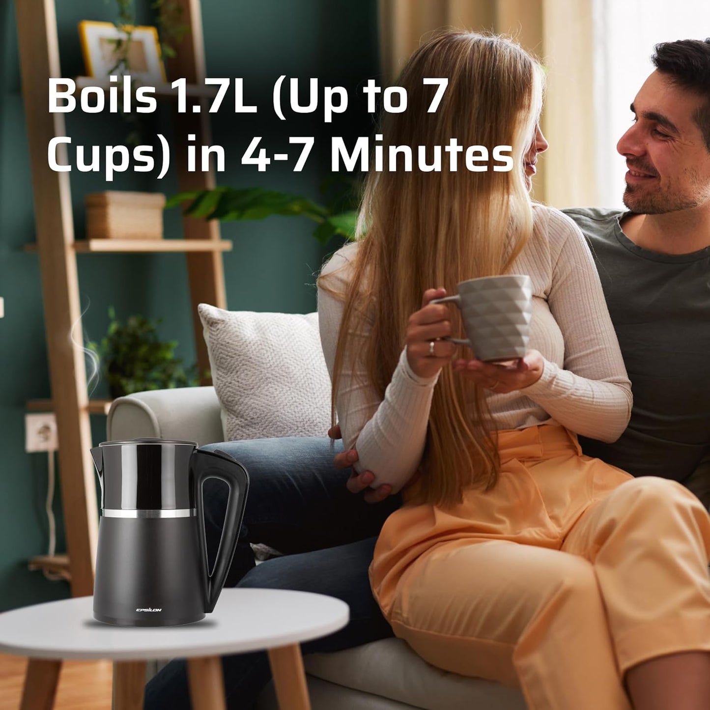 Epsilon Double Wall Electric Kettle 1500W – 1.7L Hot Water Tea Kettle & Hot Water Boiler with Auto Shut-Off, Boil Dry Protection, BPA-Free Stainless Steel Electric Teapot Fast Boil, Cool Touch Design