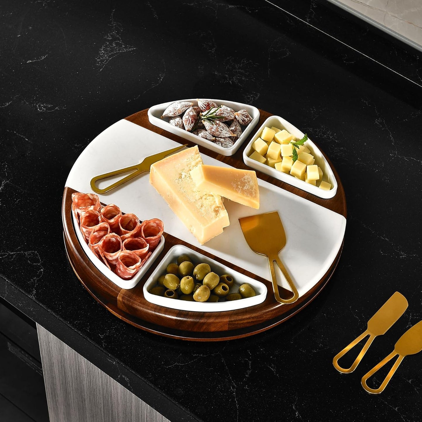 Shanik Upgraded Lazy Susan Cheese Cutting Board Set - Round Acacia Charcuterie Board With 4 Ceramic Bowls - Wedding Gifts - Cheese Serving Platter - Bridal Shower