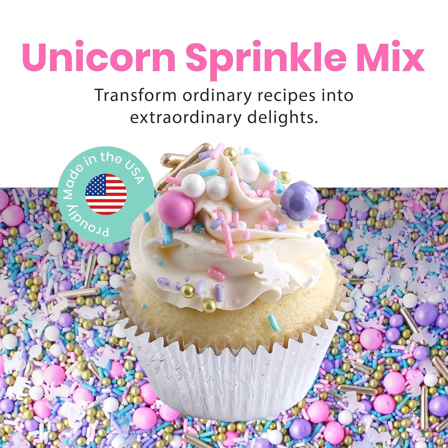 Sprinkle Pop Unicorn Sprinkle Mix| Pastel Pink Purple Blue White Sprinkles with ~20 Unicorn Wafer Paper and Gold Dragees Made in USA for Decorating Princess Birthday Cakes Cupcakes Donuts Cookies, 4oz