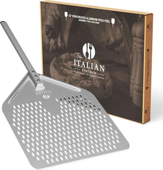 Perforated Pizza Peel 13"W x 16.7"L - Professional Restaurant Grade Large Metal Pizza Peel - 27.3" Long Handle Aluminum Turning Peel - Commercial Pizza Paddle