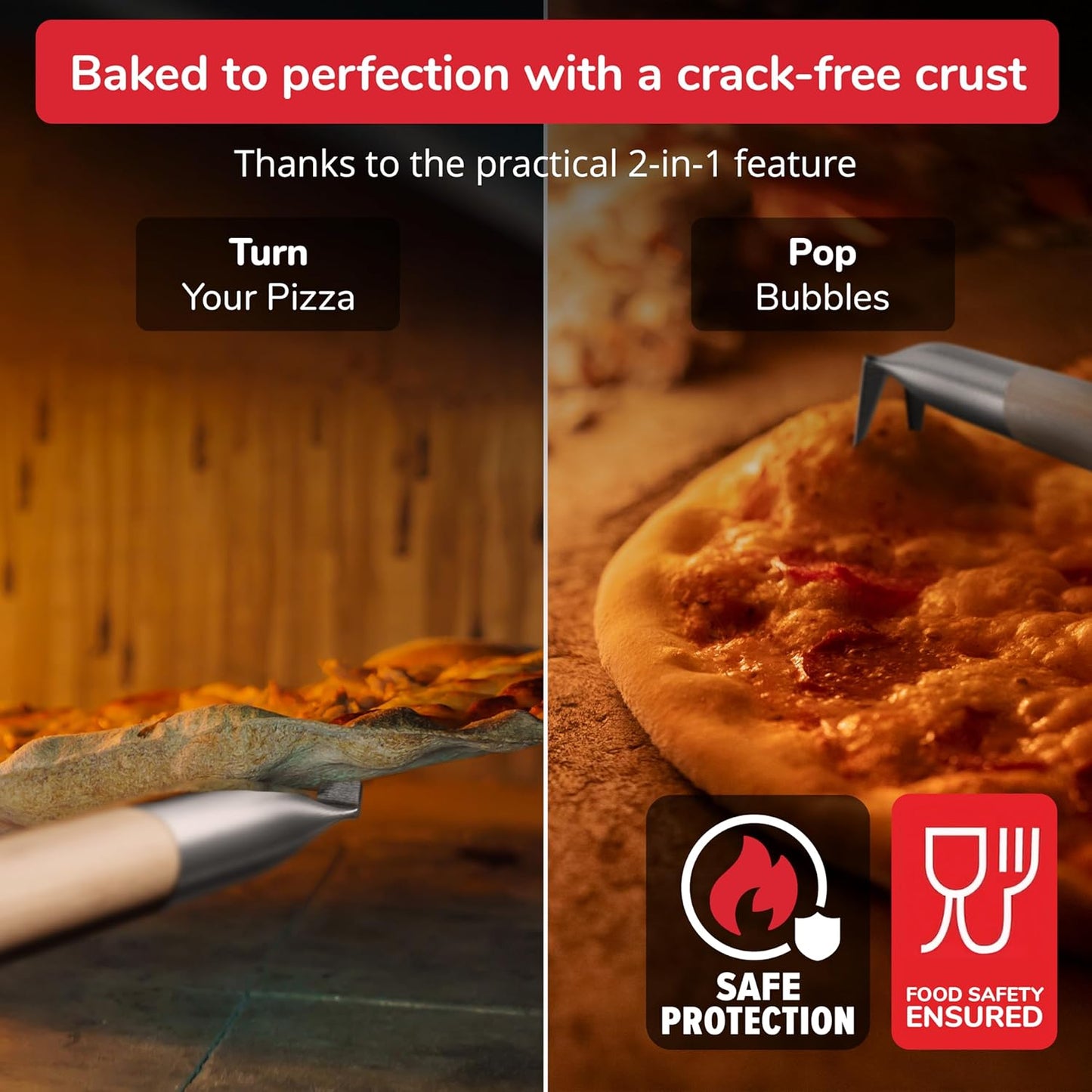 Pizza Turner Fork & Bubble Popper - Easy Pizza Rotation for Evenly Baked Crust - Adjustable Handle [26"-32”]