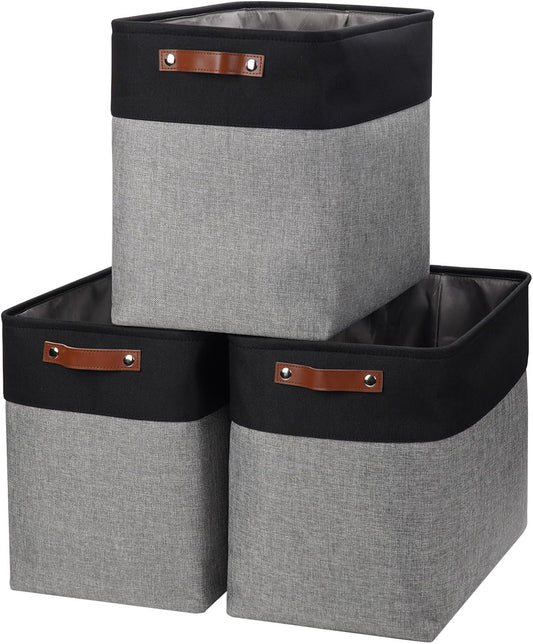 Large Fabric Storage Baskets | 50L Storage Bins, Decorative Linen Closet Baskets with Handles for Organizing, Shelf, Toys, Clothes, Home, Office, Nursery, 17x12x15Inches (Gray&Black)