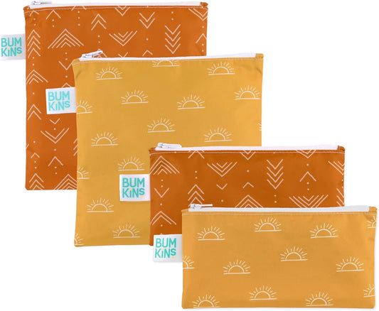 Bumkins - Cloth Snack & Sandwich Bags - For Storage, Travel, Food Prep, Lunch - Reusable, Water Resistant, Washable, Dishwasher Safe - Snack Bags for Kids - Zipper Closure - Desert Boho - 4 Pack