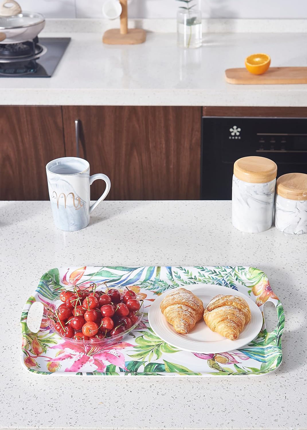 Blue Boat 16.5" x 11.5" Rectangular Serving Trays Set of 2 Floral, Light Weight Easy to Clean Sturdy Stackable Melamine Serving Tray with Handle, Fruit, Snacks, and Desserts Trays