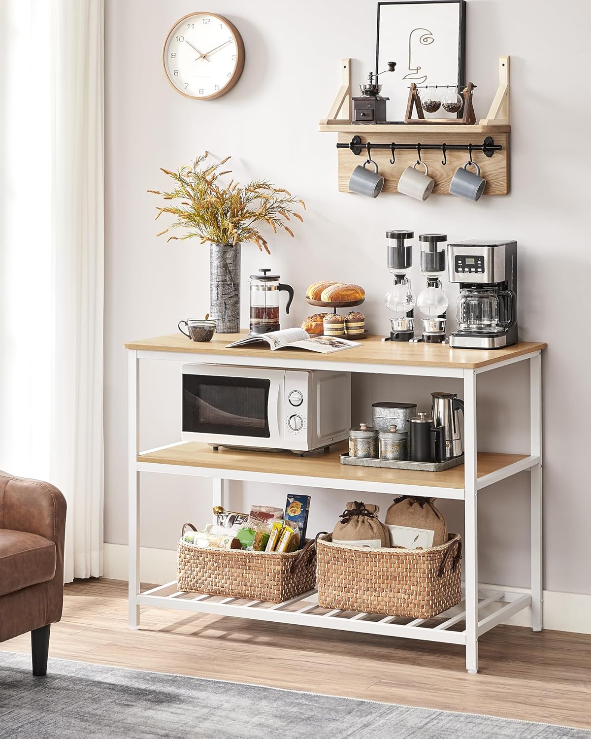 VASAGLE Kitchen Island with 3 Shelves, 47.2 Inches Width Kitchen Shelf with Large Worktop, Stable Steel Structure, Industrial, Easy to Assemble, Oak Color and White UKKI001W09