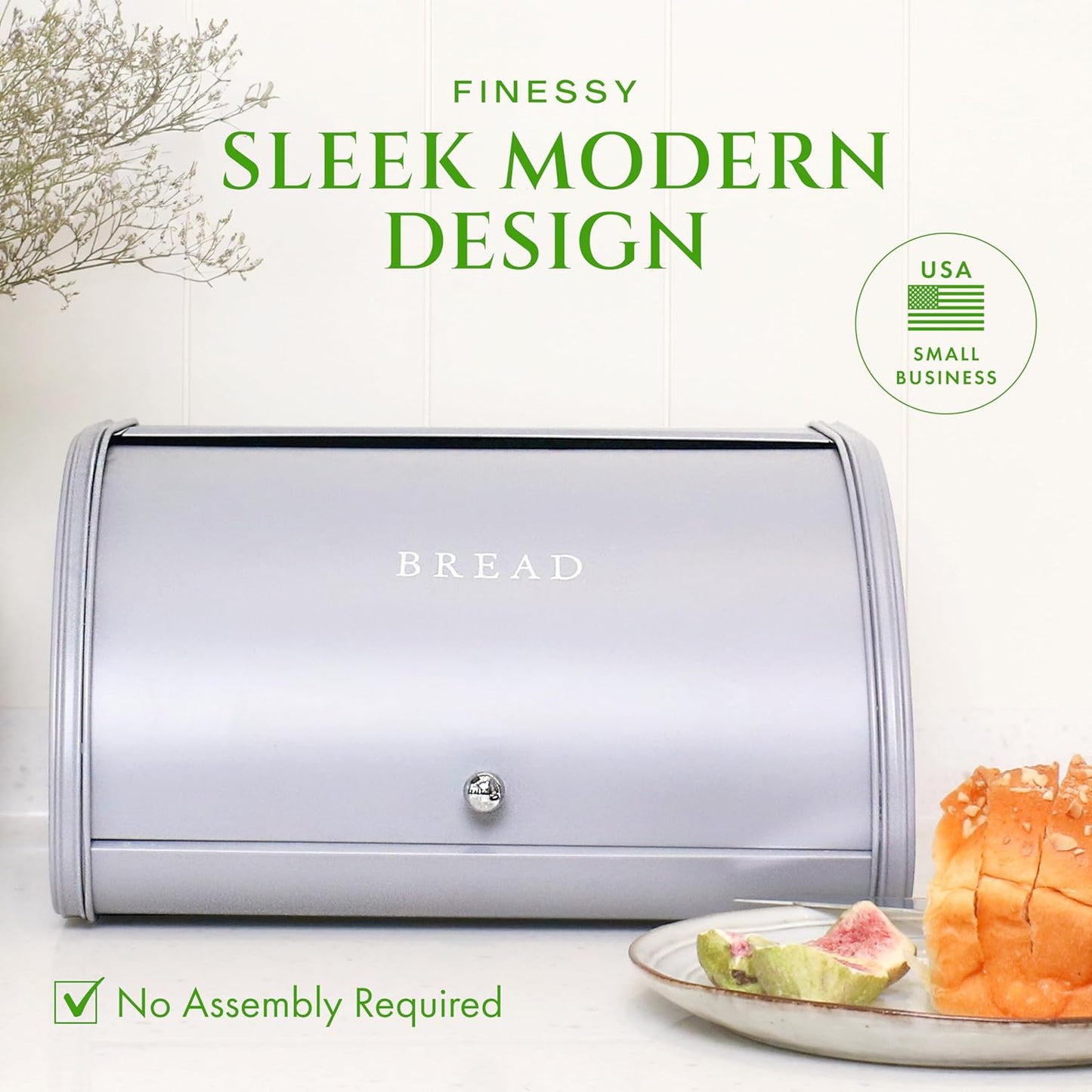 FINESSY Modern Metal Bread Box for Kitchen Countertop, Farmhouse Homemade Loaf Bread Storage Bin Holder for Kitchen Counters Organizer, Airtight Roll Top Sourdough Corner Breadbox Container Keeper