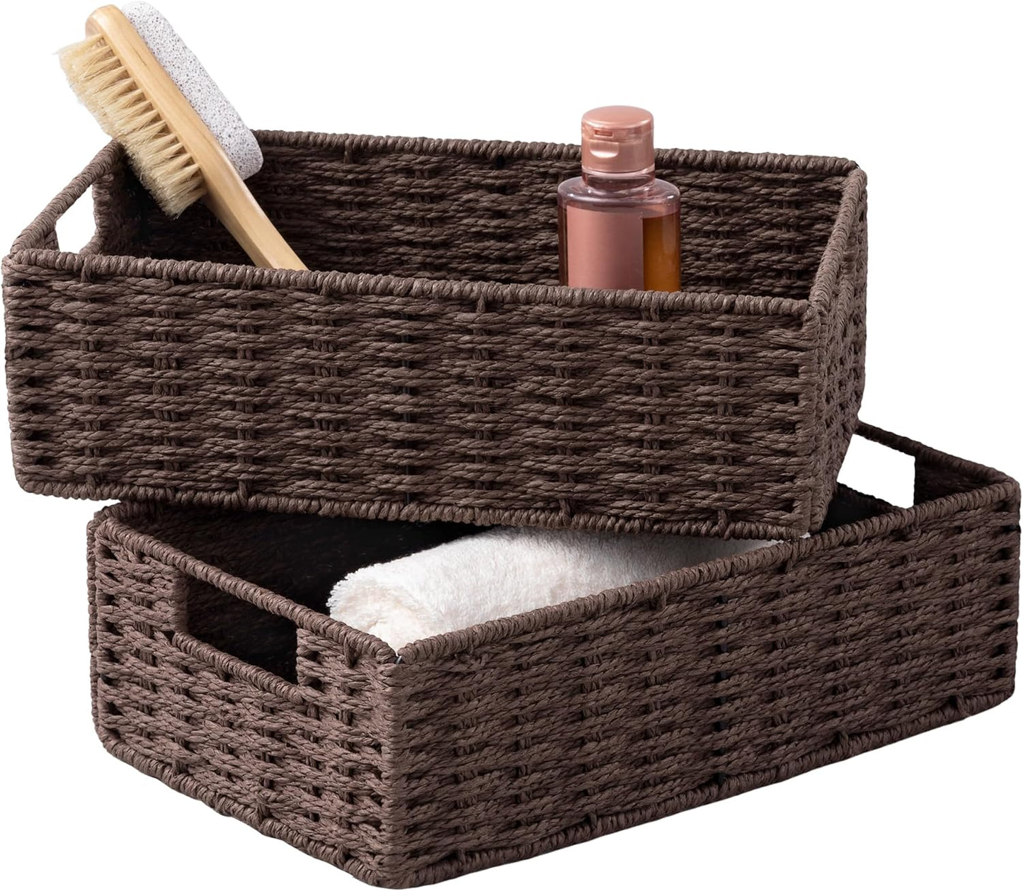 UBBCARE 2 Pack Wicker Basket, 11.5L×7.5H×3.5W inch Woven Paper Rope Storage Baskets for shelves, Foldable Rectangular Storage Baskets with Handle, Storage Basket for Organizing, Dark Brown