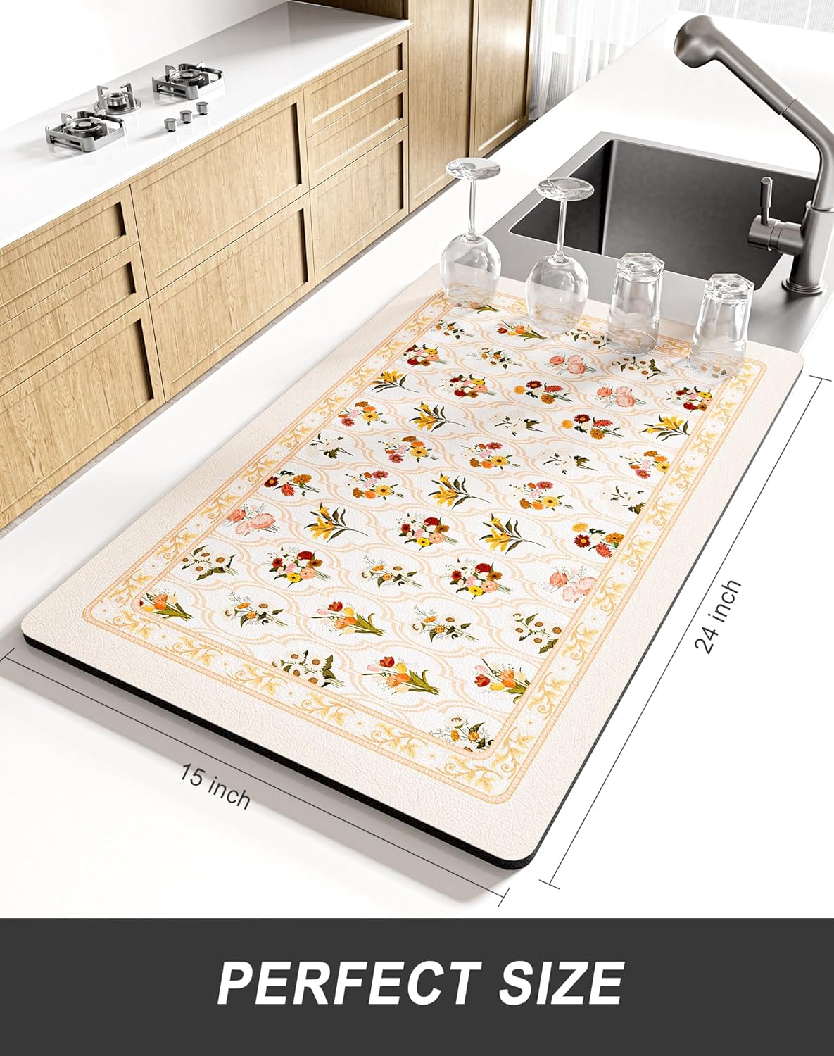 Rnivvi Dish Drying Mat for Kitchen Counter, XL 15 x 24" Cute Flower Theme Absorbent Draining Pad, Non-Slip Heat Resistant Coffee Bar Mat for Coffee Machine Station Accessories, Beige Dish Rack Pad