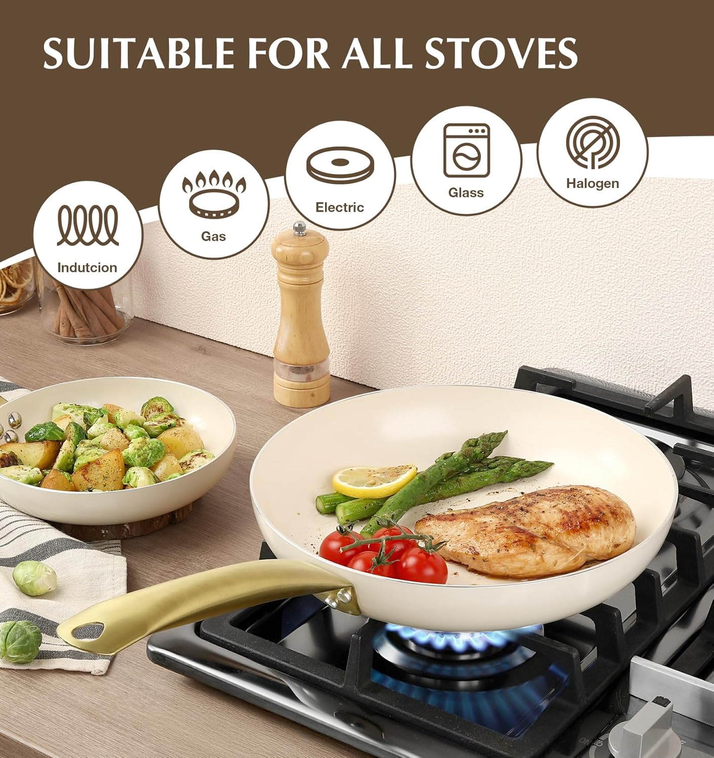 KOCH SYSTEME CS Nonstick Frying Pan with Lid, 8 Inch Non-Stick Skillet with Gold Stay-Cool Stainless Steel Handle, Omelet Pan with Nonstick Ceramic Coating, PFOA Free, Oven Safe, Cream White