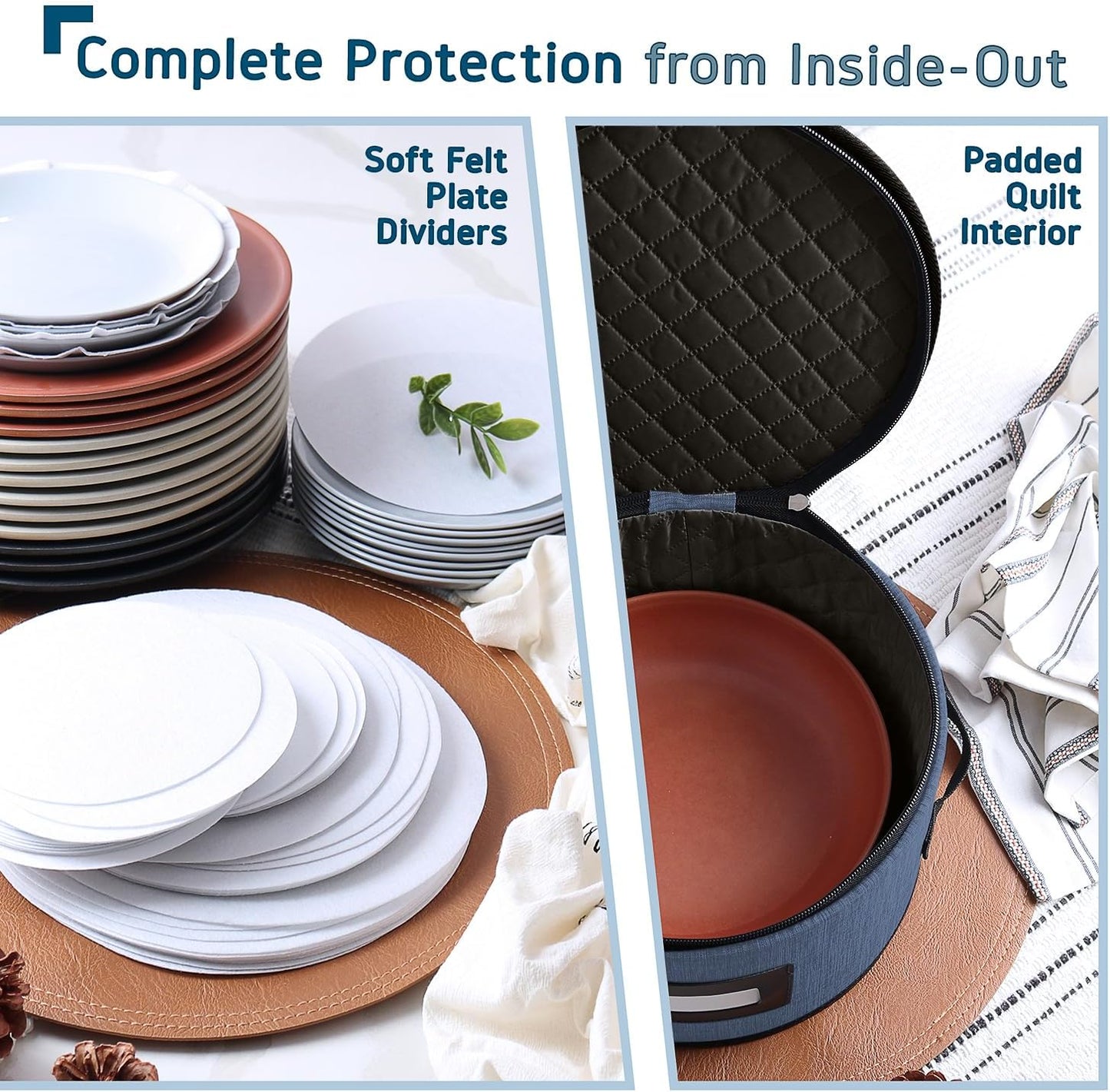 Fine China Storage Containers Hard Shell, 4 Piece Dish Storage Containers, Quilted Plate Containers, Stackable Dish Organizer with Dividers, Dinnerware Storage for Moving and Seasonal Storage, Blue