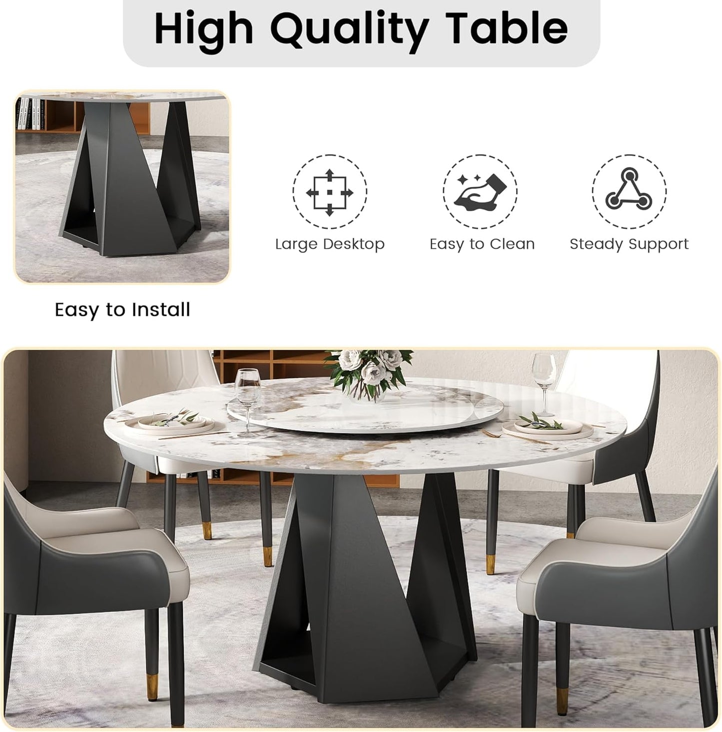 Montary 59" Modern Artificial Marble Round Dining Table with Black Iron Metal Base & 31.5" White Sintered Stone Turntable, Dining Room Table with Lazy Susan for 6-8 (Only Table)
