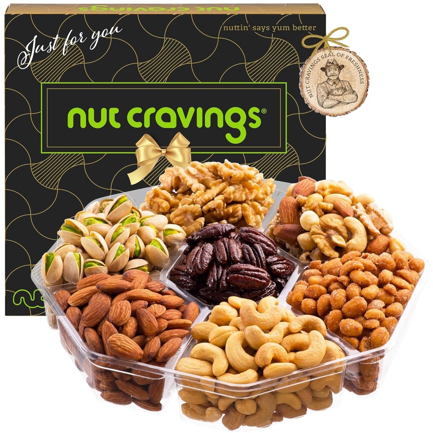 NUT CRAVINGS - Mixed Nuts Gift Basket in Black Gold Box (7 Assortments, 2 LB) Food Arrangement, Healthy Snack Care Package, Food Assortments