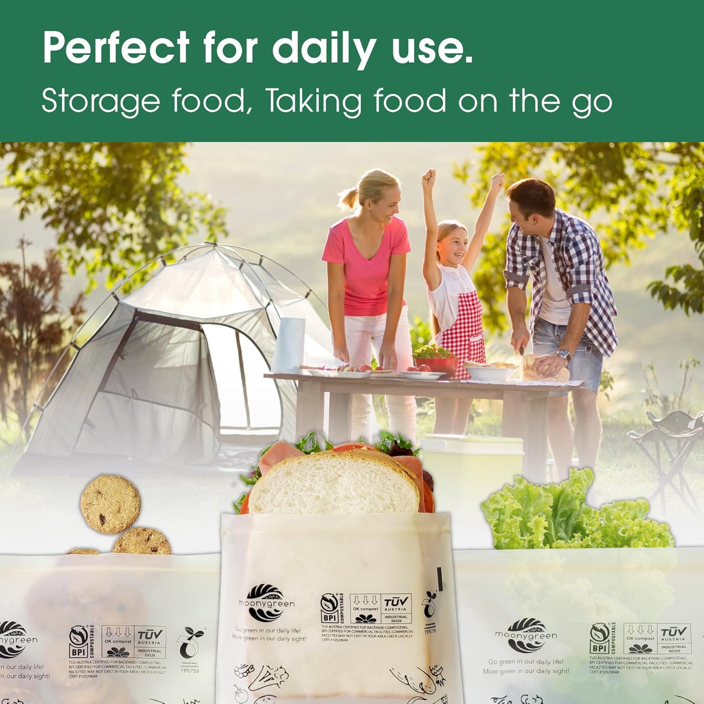 Compostable Food Storage Bags, Large Gallon Resealable Freezer Bags, 50 Count, 10.5 x 10.6 inches, Extra Thick, Certified US BPI ASTM D6400 Europe OK Compost