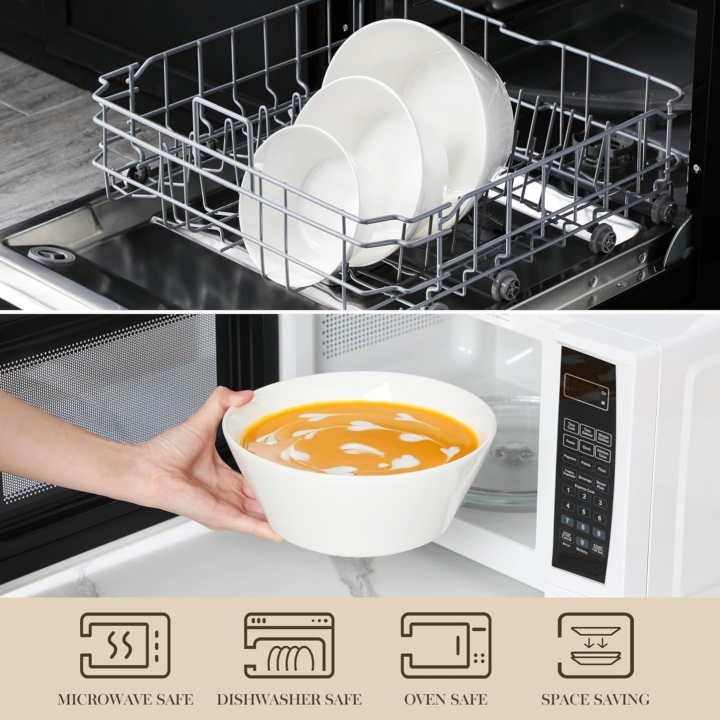 MALACASA Serving Bowls, Ceramic Mixing Bowls for Kitchen, 105/60/35 OZ White Bowls Set of 3, Microwave and Dishwasher Safe, Series Regular