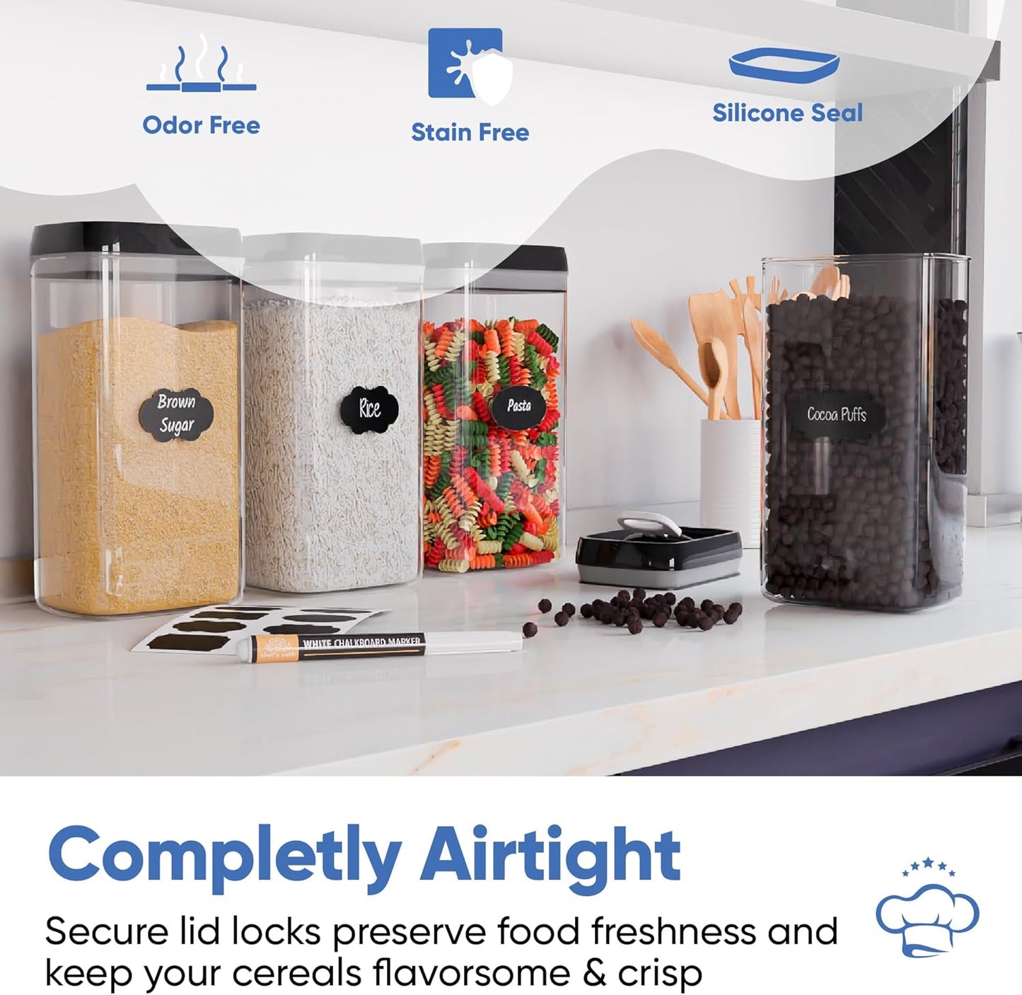 Chef's Path Airtight Food Storage Boxes with Labels - Kitchen Storage - Flour, Cereal, Pasta - Plastic Storage Boxes with Lids (4pcs-3.2L)