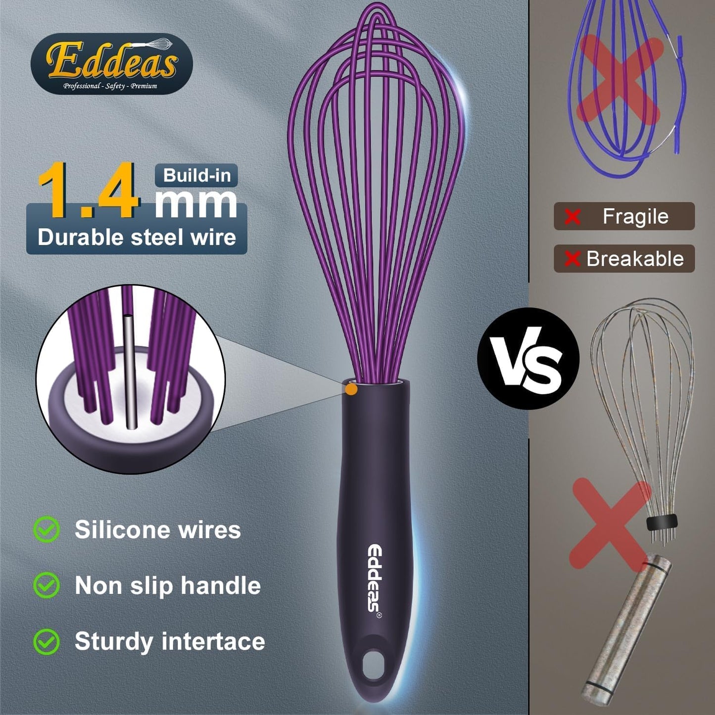 Silicone Whisk, Eddeas Whisk Non-Scratch Coated Whisks set of 3-Heat Resistant(450°F) Kitchen Wisk, Balloon Egg whisk Perfect for Blending, Whisking, Beating & Stirring, Purple