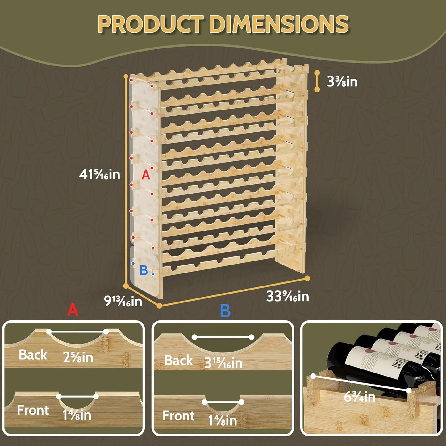Wine Rack Freestanding Floor, Bamboo 8-Tier 69 Wine Bottle Holder Racks Countertop Cabinet Display, Wooden Stackable Modular Wine Storage Organizer Shelves for Kitchen Bar Cellar Dining Room Natural