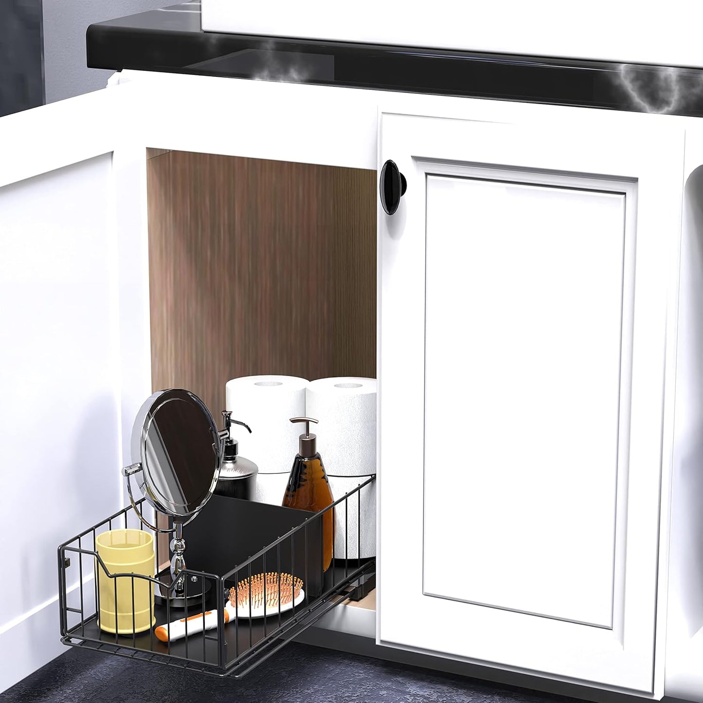 Simple Houseware Pull-Out Cabinet Sliding Basket Organizer, 17.2" D x 9.7" W x 5" H – Black, Ideal for Kitchen and Bathroom Cabinet Storage, Under Sink or Pantry Organization