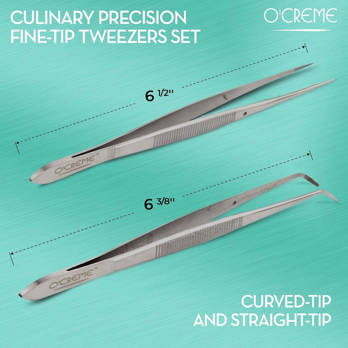 O'Creme Stainless Steel Precision Kitchen Culinary Fine-Tip Tweezer Tongs, 1 Curved and 1 Straight