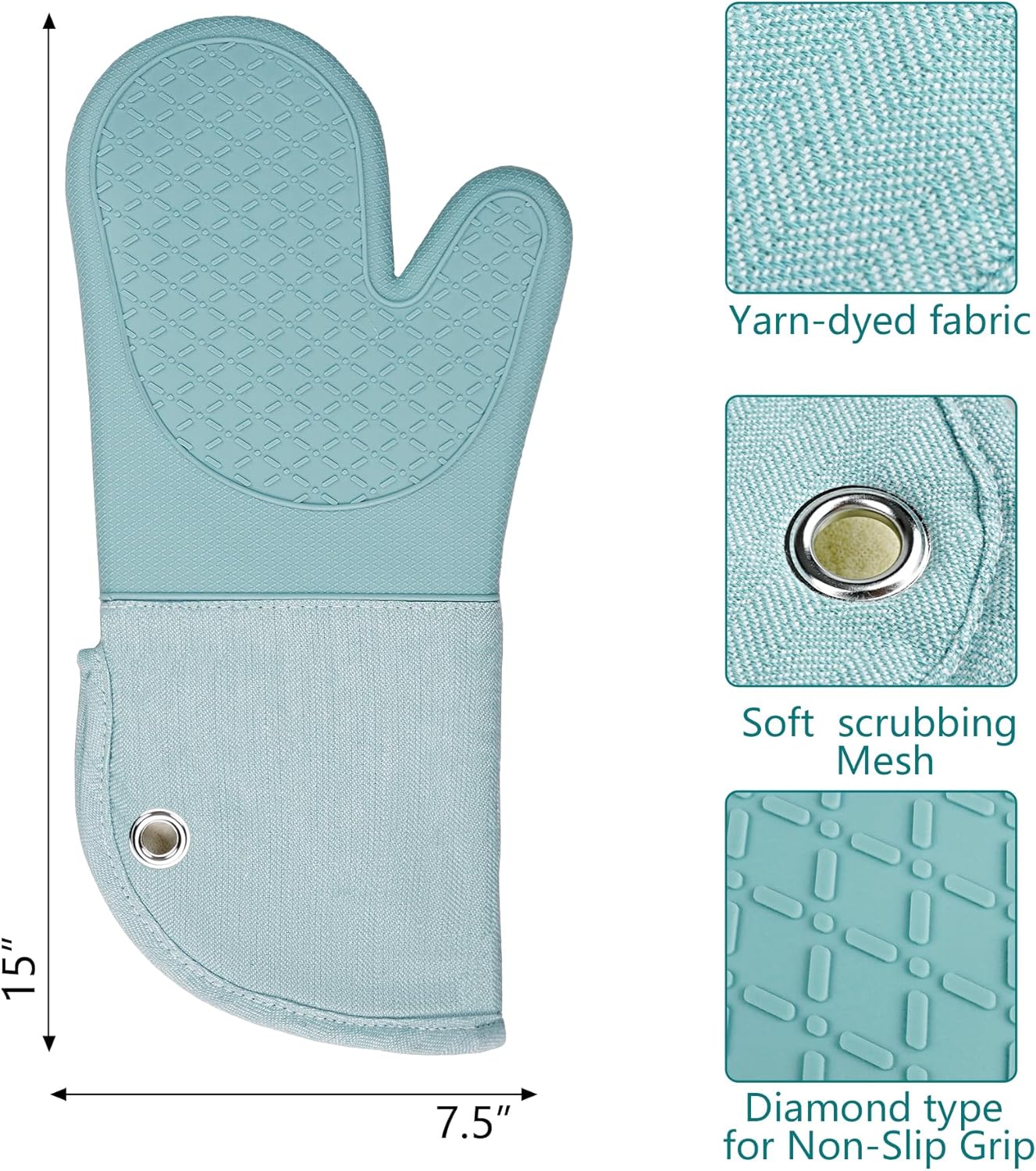 Professional Microwave Silicone Oven Mitts one Pair, Kitchen Mitten Set for Heat Resistant with 500 Degrees, Kitchen Gloves Pot Holder for BBQ Cooking Baking (Light Blue)